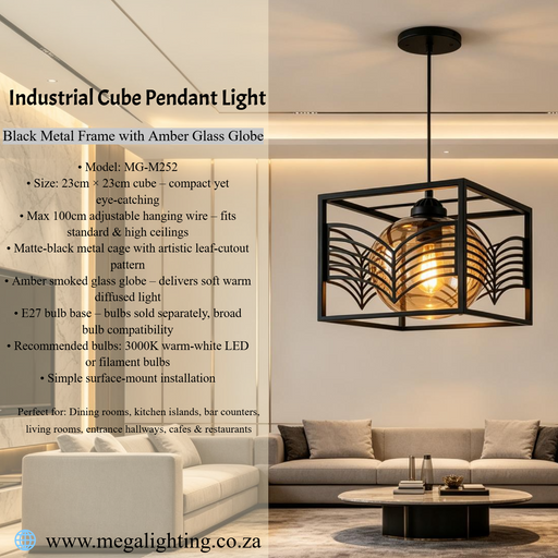 MG‑M252 industrial cube pendant light 23×23cm matte‑black leaf‑cutout cage frame amber smoked‑glass globe adjustable 100cm cord MEGA LIGHTING South Africa