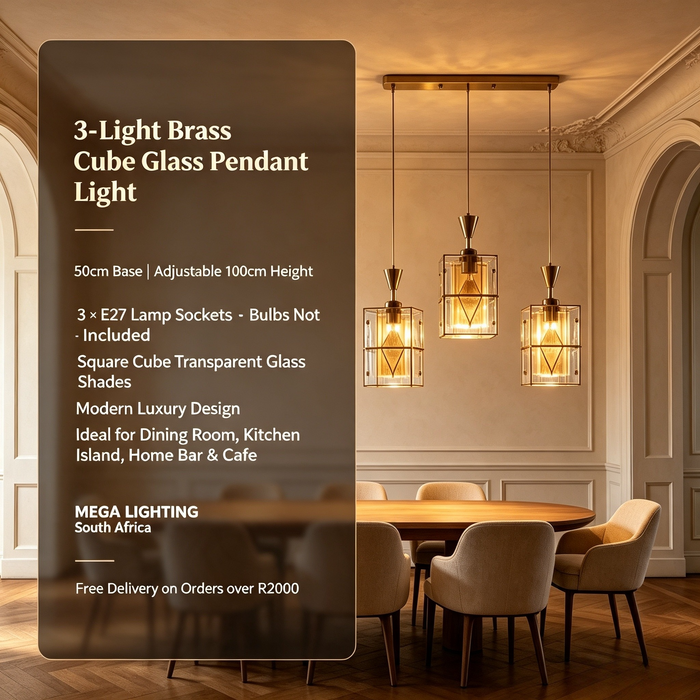 3‑Light Brass Glass Cube Pendant Light 50cm Base Dining Room Kitchen Island Home Bar MEGA LIGHTING South Africa