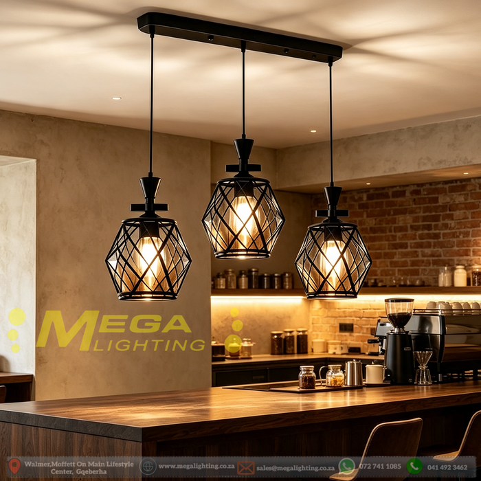 Industrial Diamond Frame 3-Light Pendant Light, 50cm base, adjustable height 100cm, smoky-amber glass shades, modern hanging light for dining room kitchen island, MEGA LIGHTING South Africa