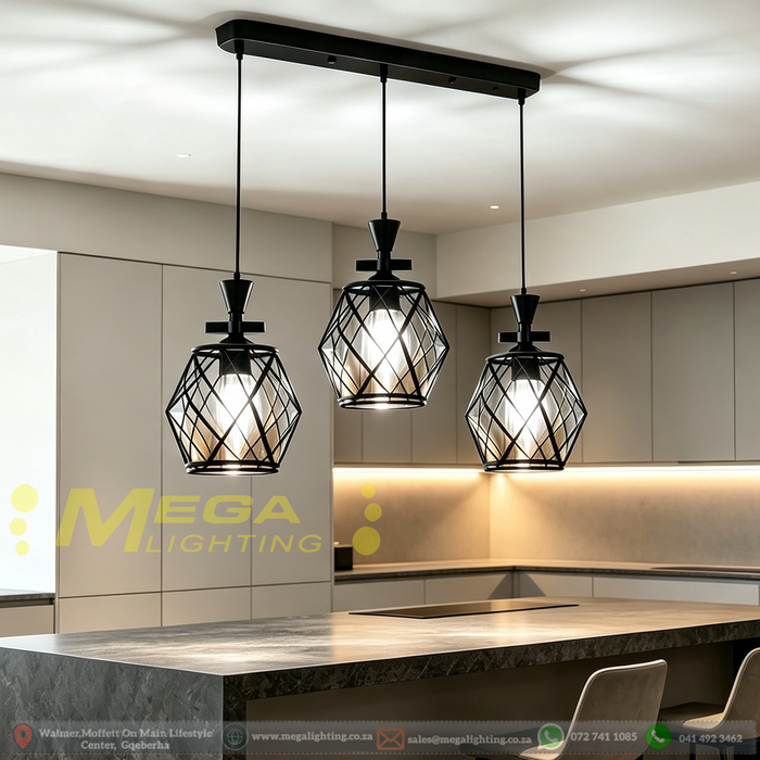 Industrial Diamond Frame 3-Light Pendant Light, 50cm base, adjustable height 100cm, smoky-amber glass shades, modern hanging light for dining room kitchen island, MEGA LIGHTING South Africa