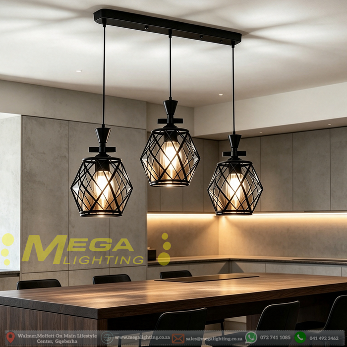 Industrial Diamond Frame 3-Light Pendant Light | 50cm Base | Adjustable Height 100cm | 3 × E27 Sockets | Smoky-Amber Glass Shades for Dining Room, Kitchen Island & Home Bar | MEGA LIGHTING South Africa