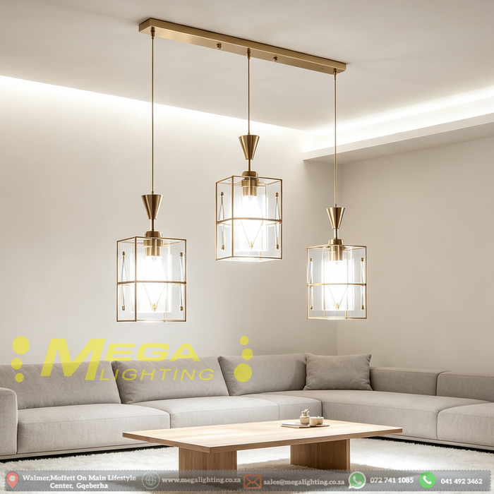 3‑Light Brass Glass Cube Pendant Light 50cm Base Dining Room Kitchen Island Home Bar MEGA LIGHTING South Africa