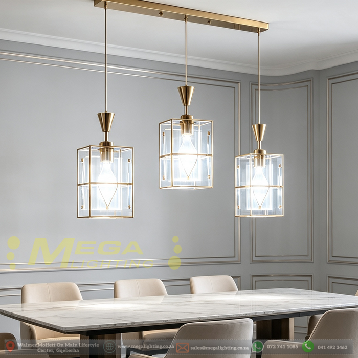 3‑Light Brass Glass Cube Pendant Light 50cm Base Dining Room Kitchen Island Home Bar MEGA LIGHTING South Africa