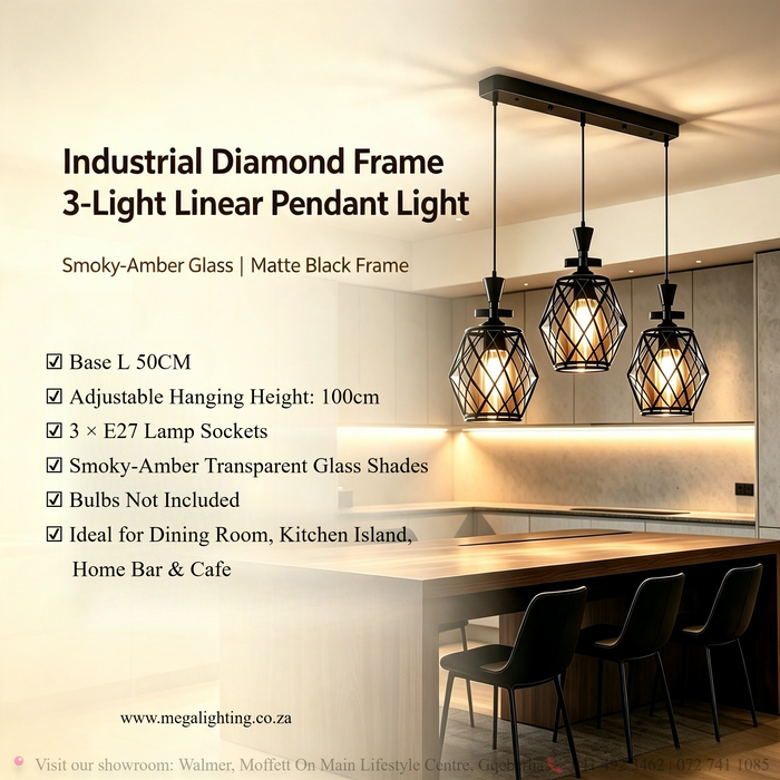 Industrial Diamond Frame 3-Light Pendant Light, 50cm base, adjustable height 100cm, smoky-amber glass shades, modern hanging light for dining room kitchen island, MEGA LIGHTING South Africa