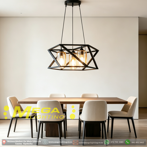 MG‑M256/3 Industrial Geometric Pendant Light, 43cm with 3 Amber Cylinder Glass Shades, Adjustable 100cm Cord | MEGA LIGHTING South Africa