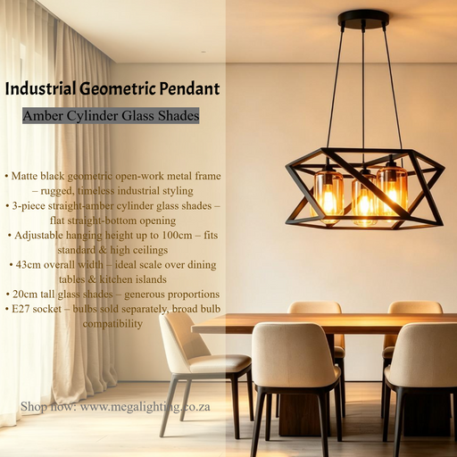MG‑M256/3 Industrial Geometric Pendant Light, 43cm with 3 Amber Cylinder Glass Shades, Adjustable 100cm Cord | MEGA LIGHTING South Africa