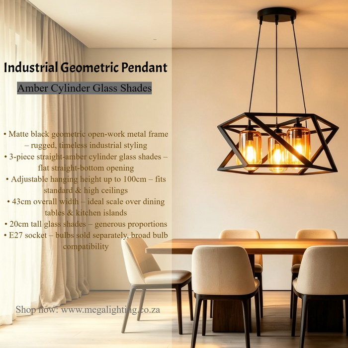 MG‑M256/3 Industrial Geometric Pendant Light, 43cm with 3 Amber Cylinder Glass Shades, Adjustable 100cm Cord | MEGA LIGHTING South Africa