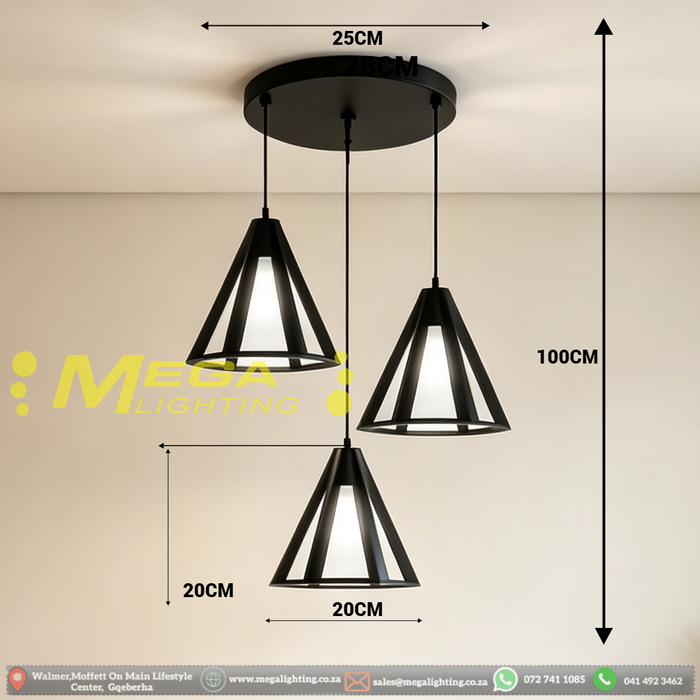 Industrial 3-Cone Pendant Light – 1m Adjustable Wire | Round Black Ceiling Base | Geometric Open Cone Metal Frame for Dining Table, Kitchen Island & Bar Counter | MEGA LIGHTING South Africa