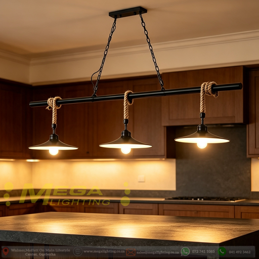 Rustic Industrial Barn-Style 3-Light Linear Pendant Light, 90cm metal bar with black barn shades & natural hemp rope, 80–150cm adjustable height 3×E27 hanging lamp for dining room kitchen island bar cafe, MEGA LIGHTING South Africa