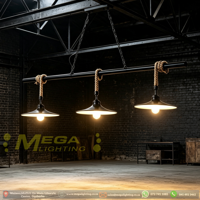Rustic Industrial Barn-Style 3-Light Linear Pendant Light, 90cm metal bar with black barn shades & natural hemp rope, 80–150cm adjustable height 3×E27 hanging lamp for dining room kitchen island bar cafe, MEGA LIGHTING South Africa