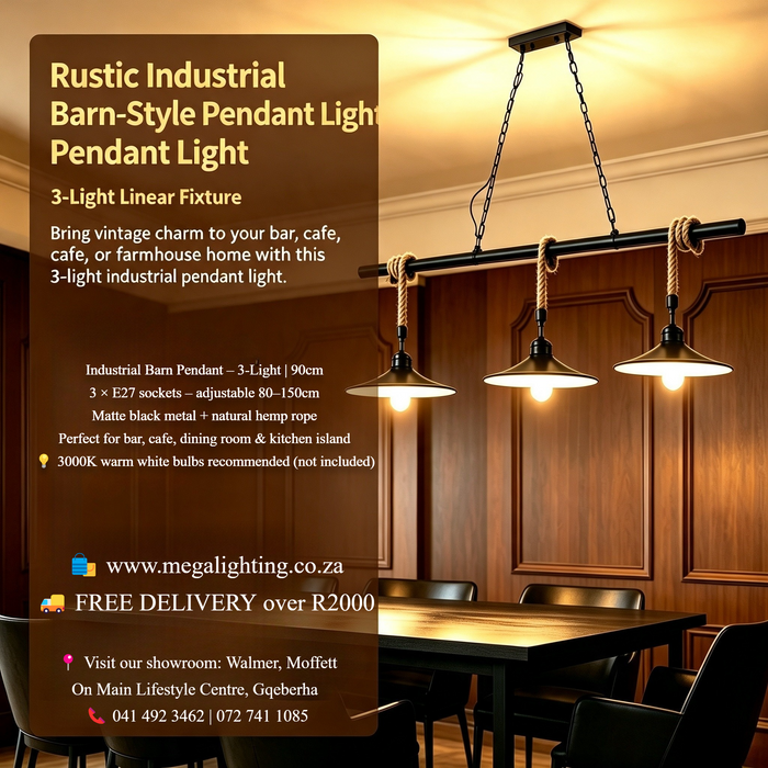 Rustic Industrial Barn-Style 3-Light Linear Pendant Light, 90cm metal bar with black barn shades & natural hemp rope, 80–150cm adjustable height 3×E27 hanging lamp for dining room kitchen island bar cafe, MEGA LIGHTING South Africa