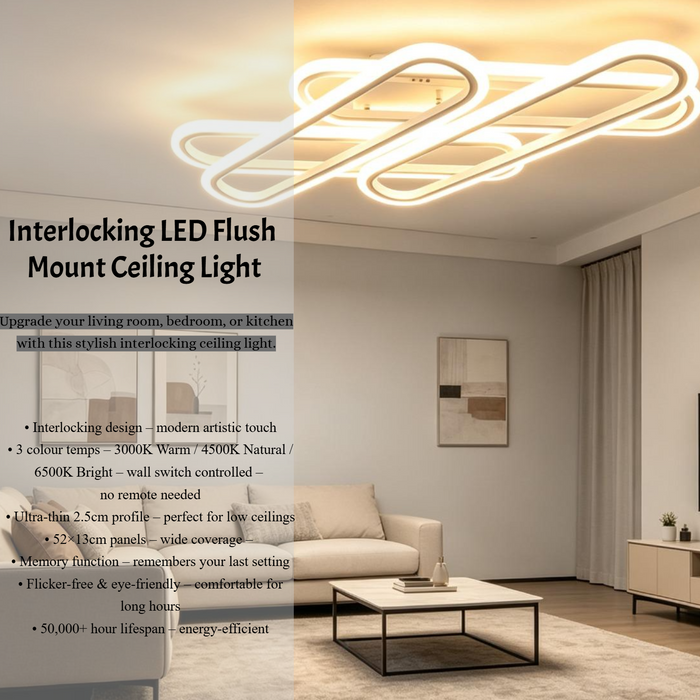 Interlocking LED Flush Mount Ceiling Light – 52×13cm Panels | 3-Color Dimmable (3000K/4500K/6500K) | Ultra-Thin 2.5cm Profile | Matte White Finish for Living Room, Bedroom & Kitchen | MEGA LIGHTING South Africa