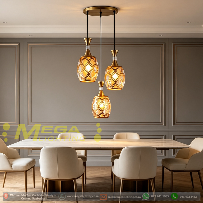 olden pattern glass 3-light cluster pendant light, 25cm ceiling base, 100cm adjustable height, 3 E27 sockets modern hanging lamp for dining room kitchen island home bar, MEGA LIGHTING South Africa