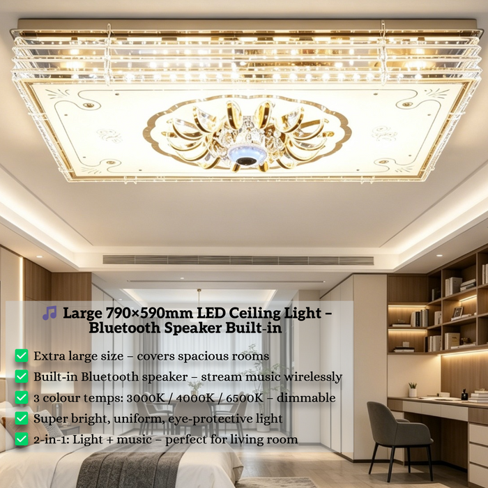 Large 790x590mm LED ceiling light with built-in Bluetooth speaker, dimmable 3000K/4000K/6500K, installed in a spacious modern living room.