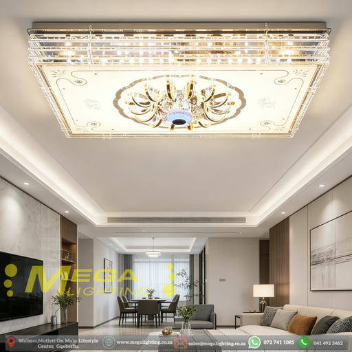 Large 790x590mm LED ceiling light with built-in Bluetooth speaker, dimmable 3000K/4000K/6500K, installed in a spacious modern living room.
