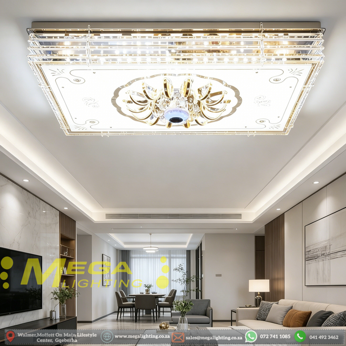 Large 790x590mm LED ceiling light with built-in Bluetooth speaker, dimmable 3000K/4000K/6500K, installed in a spacious modern living room.