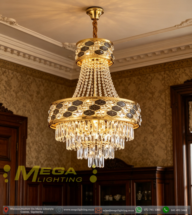 Luxury gold crystal chandelier with polished brass frame and faceted crystal strands, installed in a modern dining room, warm sparkling light.