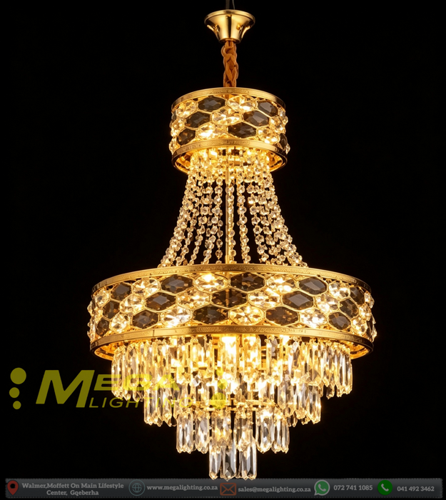 Luxury gold crystal chandelier with polished brass frame and faceted crystal strands, installed in a modern dining room, warm sparkling light.