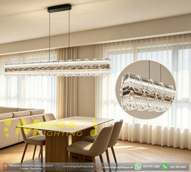 Modern linear crystal pendant light L120cm, unique wavy crystal texture, 3-colour switchable 3000K 4000K 6500K, 100cm adjustable hanging height luxury LED lamp for dining table open-plan living kitchen island, MEGA LIGHTING South Africa
