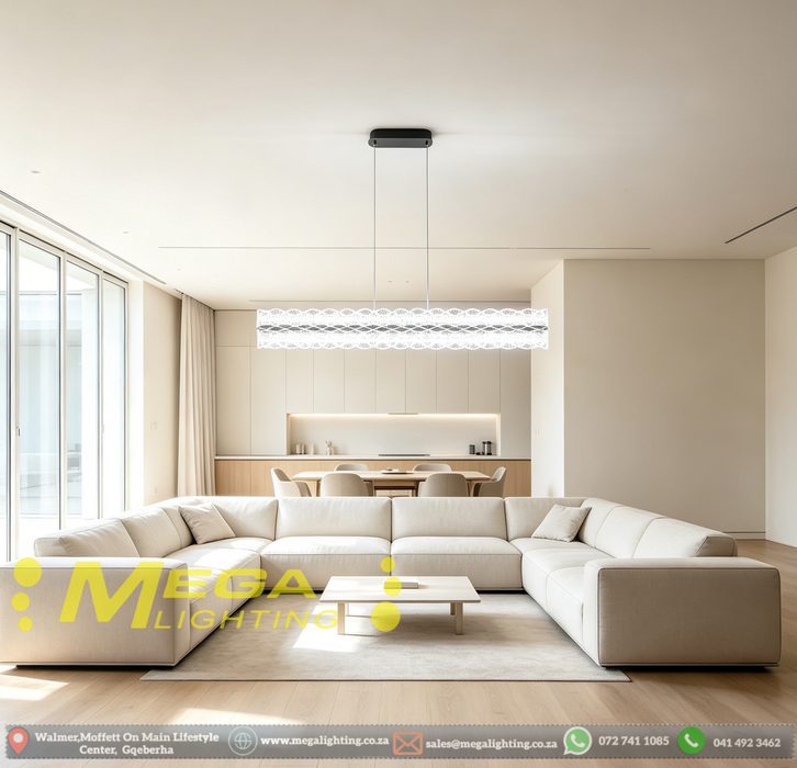 Modern linear crystal pendant light L120cm, unique wavy crystal texture, 3-colour switchable 3000K 4000K 6500K, 100cm adjustable hanging height luxury LED lamp for dining table open-plan living kitchen island, MEGA LIGHTING South Africa