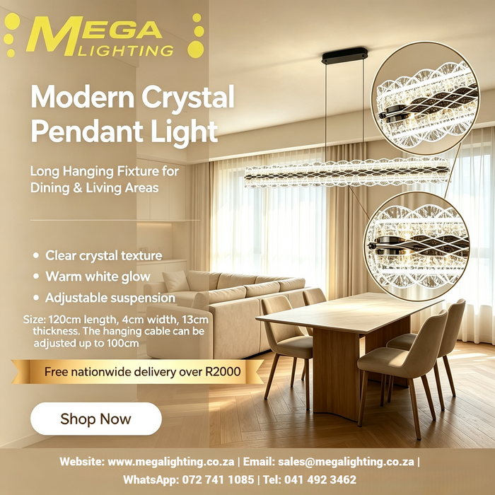 Modern linear crystal pendant light L120cm, unique wavy crystal texture, 3-colour switchable 3000K 4000K 6500K, 100cm adjustable hanging height luxury LED lamp for dining table open-plan living kitchen island, MEGA LIGHTING South Africa