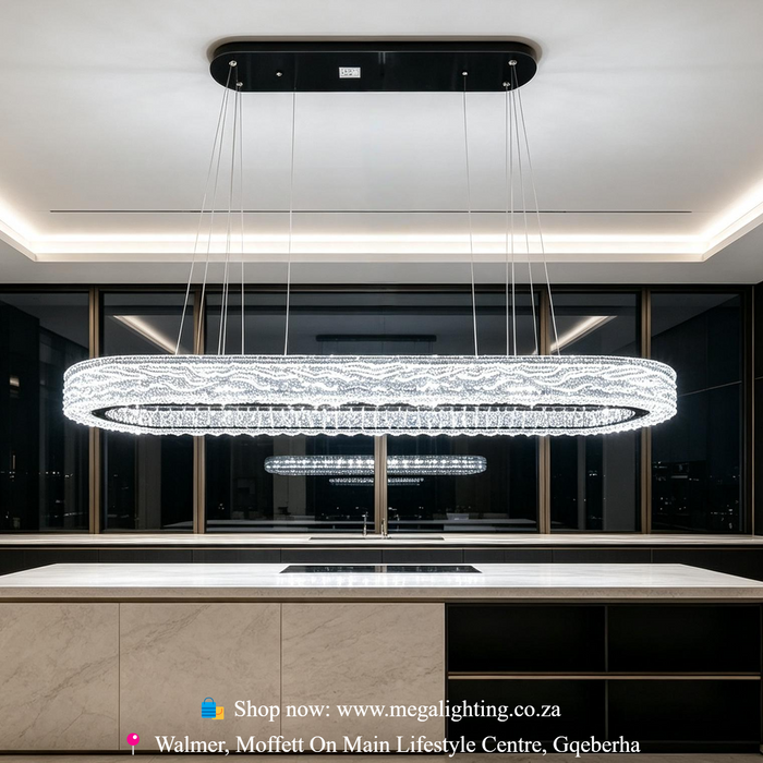 Long Oval Crystal LED Pendant Light, wavy crystal 3-colour change pendant lamp for long dining table, luxury living room and lobby, Mega Lighting South Africa