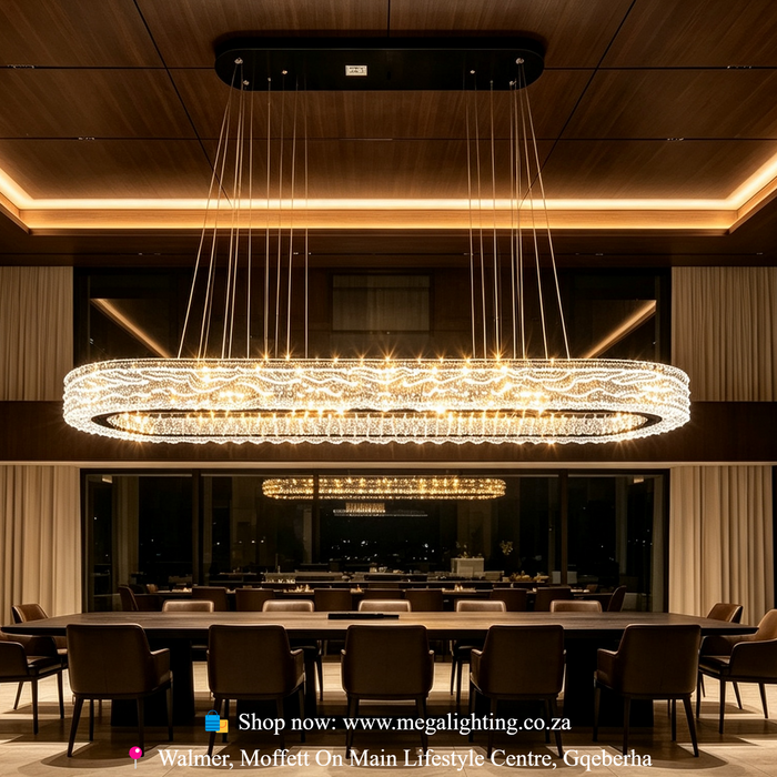 Long Oval Crystal LED Pendant Light, wavy crystal 3-colour change pendant lamp for long dining table, luxury living room and lobby, Mega Lighting South Africa