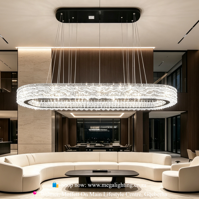 Long Oval Crystal LED Pendant Light, wavy crystal 3-colour change pendant lamp for long dining table, luxury living room and lobby, Mega Lighting South Africa