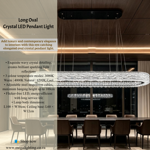 Long Oval Crystal LED Pendant Light, wavy crystal 3-colour change pendant lamp for long dining table, luxury living room and lobby, Mega Lighting South Africa