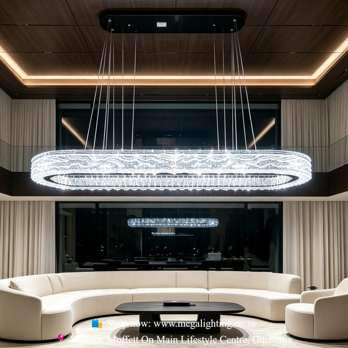Long Oval Crystal LED Pendant Light, wavy crystal 3-colour change pendant lamp for long dining table, luxury living room and lobby, Mega Lighting South Africa
