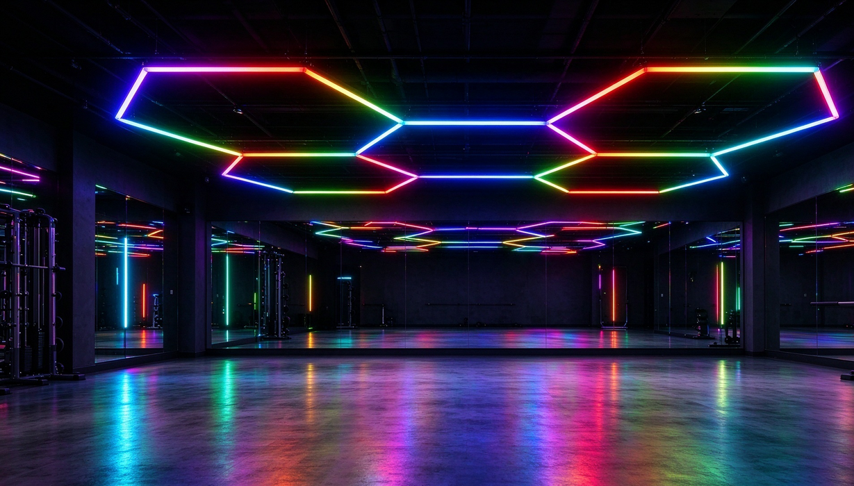 Luxn 5 Hexagon RGB LED Ceiling Lights, 168W colour changing hex panel neon lighting for gaming room, salon and barbershop, Mega Lighting South Africa