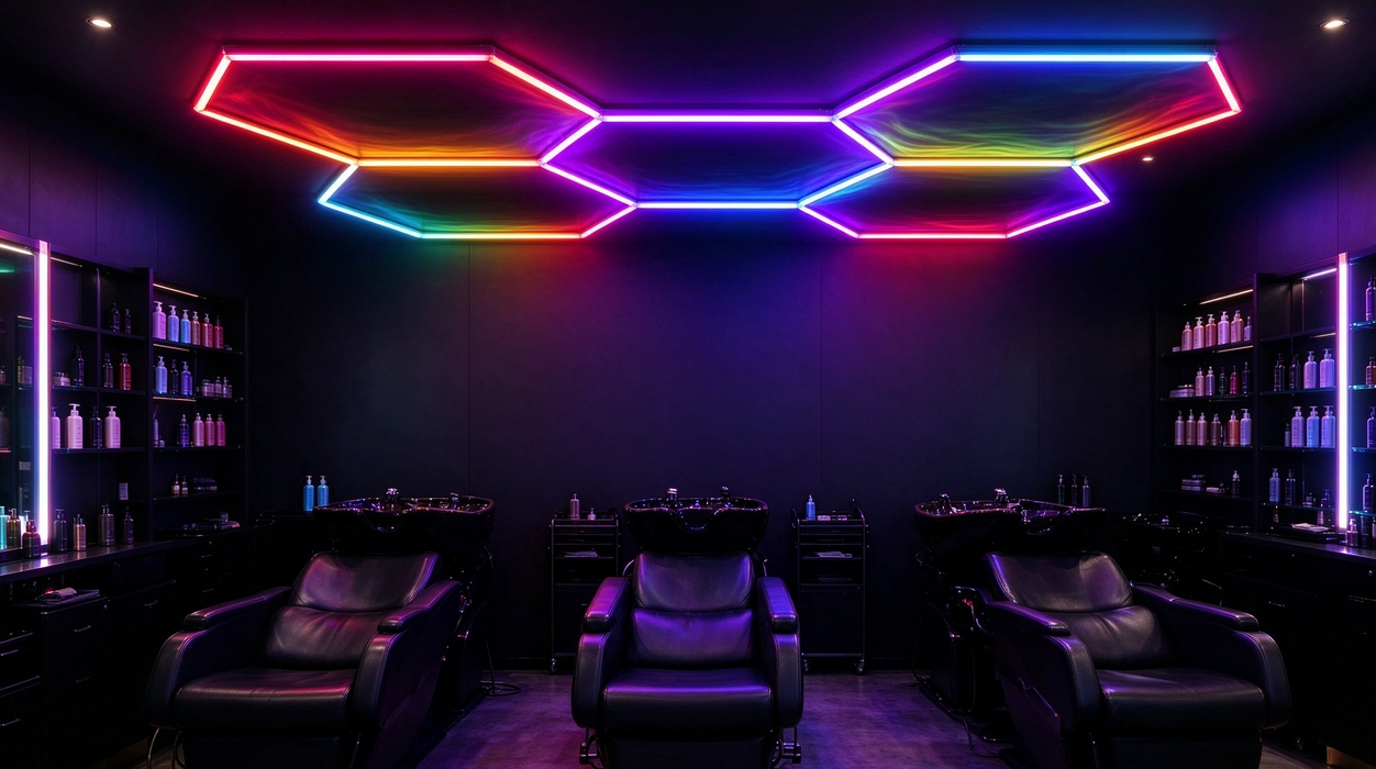 Luxn 5 Hexagon RGB LED Ceiling Lights, 168W colour changing hex panel neon lighting for gaming room, salon and barbershop, Mega Lighting South Africa