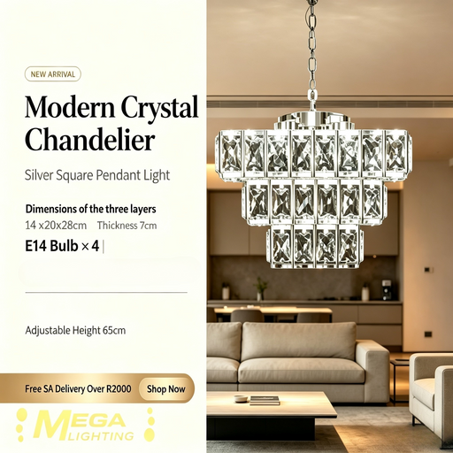 3-Tier silver crystal chandelier with 4 E14 lamp sockets, 14/20/28cm layered tiers, 65cm adjustable hanging height luxury pendant lamp for dining room living room, MEGA LIGHTING South Africa