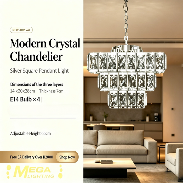 3-Tier silver crystal chandelier with 4 E14 lamp sockets, 14/20/28cm layered tiers, 65cm adjustable hanging height luxury pendant lamp for dining room living room, MEGA LIGHTING South Africa