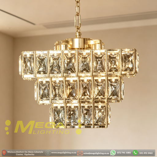 Luxury 3-tier gold crystal chandelier with 4 E14 sockets, three layered sizes 14×20×28cm, 65cm adjustable hanging height elegant pendant lamp for living room dining room, MEGA LIGHTING South Africa