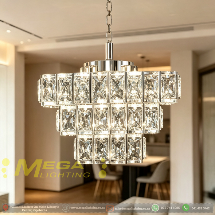 3-Tier silver crystal chandelier with 4 E14 lamp sockets, 14/20/28cm layered tiers, 65cm adjustable hanging height luxury pendant lamp for dining room living room, MEGA LIGHTING South Africa