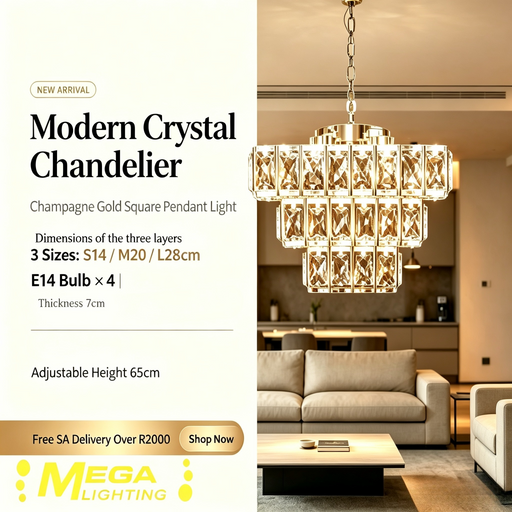 Luxury 3-tier gold crystal chandelier with 4 E14 sockets, three layered sizes 14×20×28cm, 65cm adjustable hanging height elegant pendant lamp for living room dining room, MEGA LIGHTING South Africa