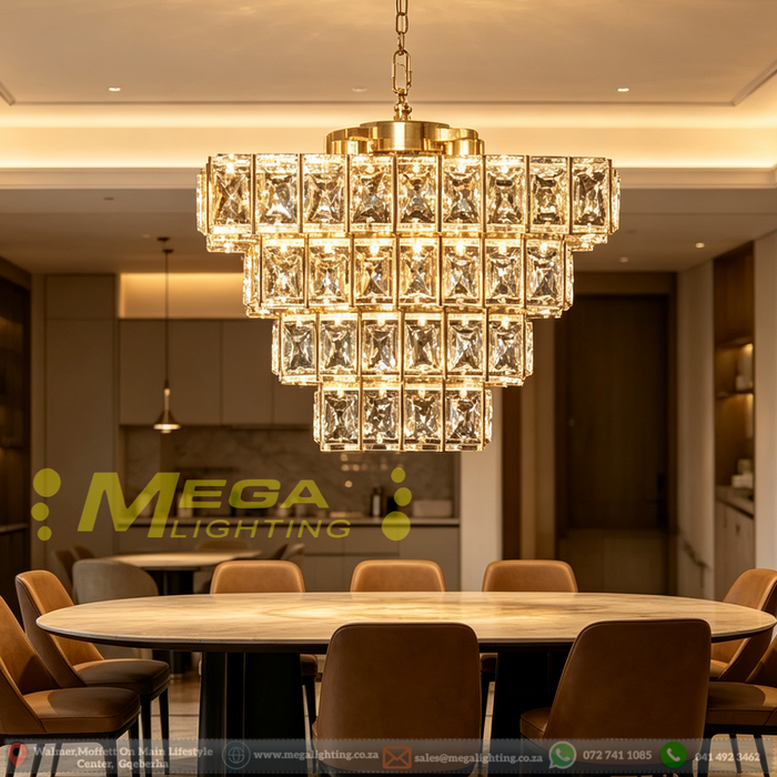 Luxury 3-tier gold crystal chandelier with 4 E14 sockets, three layered sizes 14×20×28cm, 65cm adjustable hanging height elegant pendant lamp for living room dining room, MEGA LIGHTING South Africa