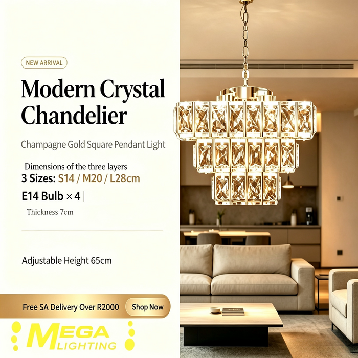 Luxury 3-tier gold crystal chandelier with 4 E14 sockets, three layered sizes 14×20×28cm, 65cm adjustable hanging height elegant pendant lamp for living room dining room, MEGA LIGHTING South Africa