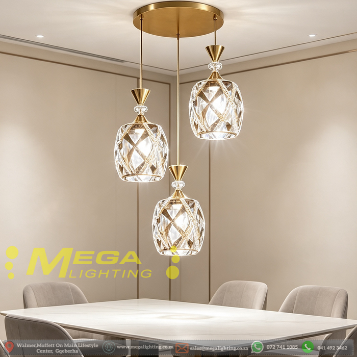 Luxury Crystal 3-Light Cluster Pendant Light, golden finish, 3 E27 sockets adjustable hanging lamp for dining room villa hotel, MEGA LIGHTING South Africa