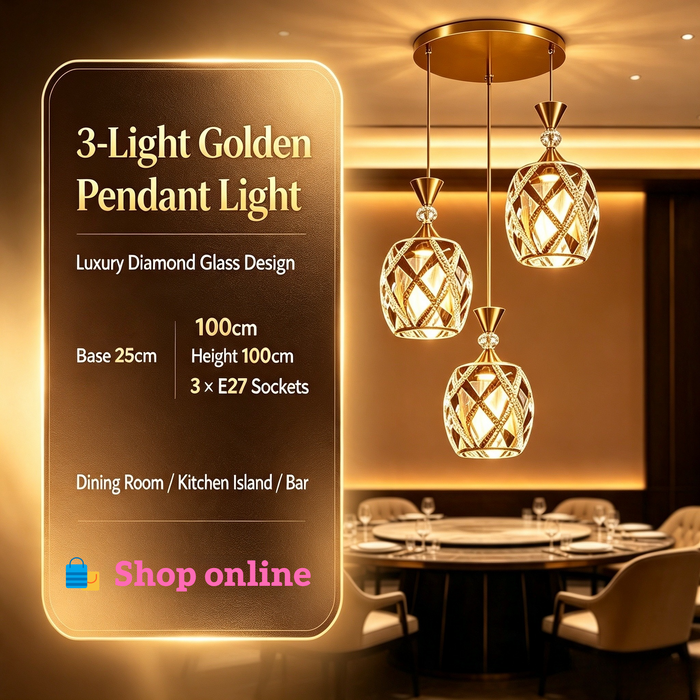 Luxury Crystal 3-Light Cluster Pendant Light, golden finish, 3 E27 sockets adjustable hanging lamp for dining room villa hotel, MEGA LIGHTING South Africa