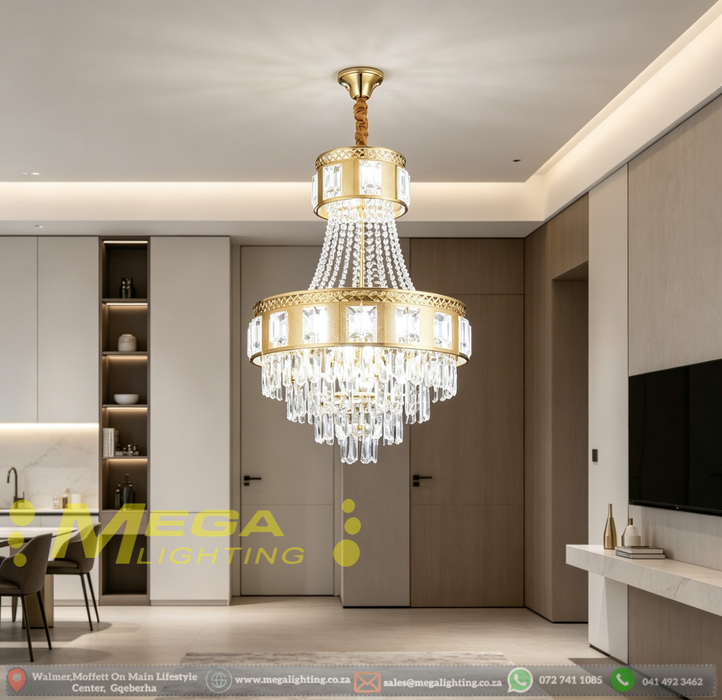 Luxury Crystal Chandelier | Polished Gold Frame | Adjustable Height 1.2m | 500x680x550mm | Classic &amp; Modern Dual-Style for Living Room, Dining Room &amp; Bedroom | MEGA LIGHTING South Africa