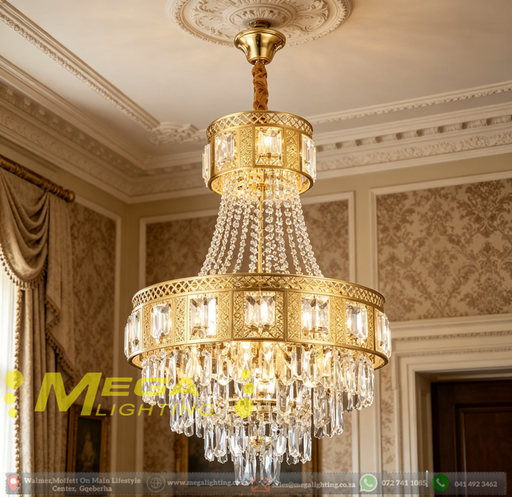 Luxury Crystal Chandelier | Polished Gold Frame | Adjustable Height 1.2m | 500x680x550mm | Classic &amp; Modern Dual-Style for Living Room, Dining Room &amp; Bedroom | MEGA LIGHTING South Africa