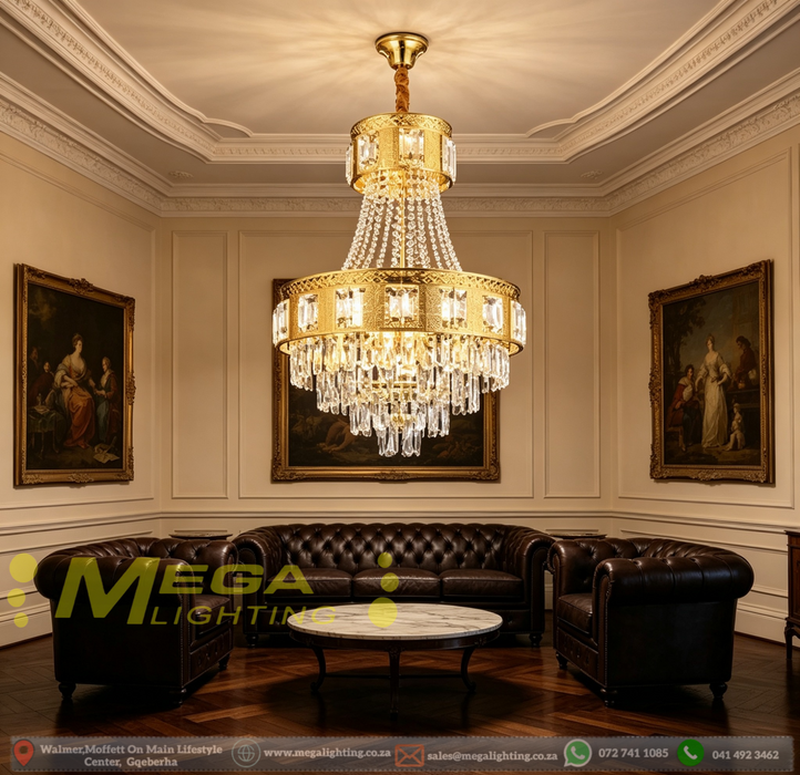 Luxury Crystal Chandelier | Polished Gold Frame | Adjustable Height 1.2m | 500x680x550mm | Classic &amp; Modern Dual-Style for Living Room, Dining Room &amp; Bedroom | MEGA LIGHTING South Africa