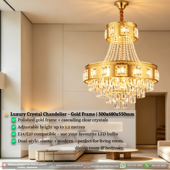 Luxury Crystal Chandelier | Polished Gold Frame | Adjustable Height 1.2m | 500x680x550mm | Classic &amp; Modern Dual-Style for Living Room, Dining Room &amp; Bedroom | MEGA LIGHTING South Africa