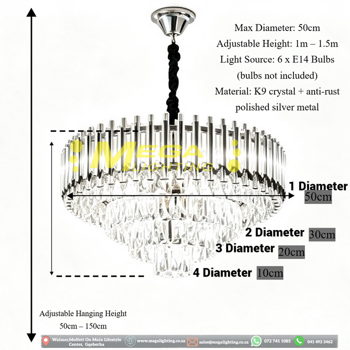 Main product shot: Luxury Tiered Chrome Crystal Chandelier 50cm Diameter 6 E14 Light MEGA LIGHTING South Africa