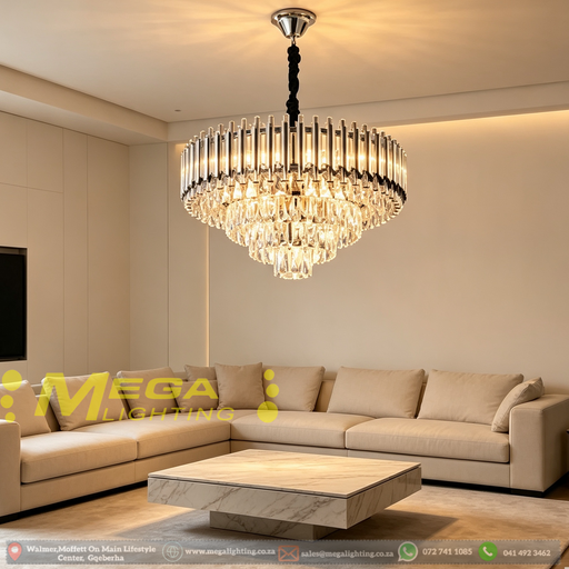 Main product shot: Luxury Tiered Chrome Crystal Chandelier 50cm Diameter 6 E14 Light MEGA LIGHTING South Africa