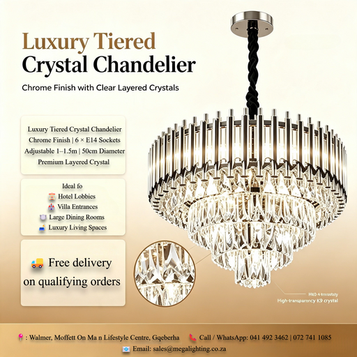 Main product shot: Luxury Tiered Chrome Crystal Chandelier 50cm Diameter 6 E14 Light MEGA LIGHTING South Africa