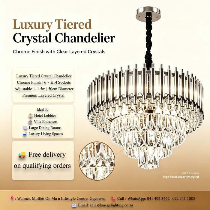 Main product shot: Luxury Tiered Chrome Crystal Chandelier 50cm Diameter 6 E14 Light MEGA LIGHTING South Africa