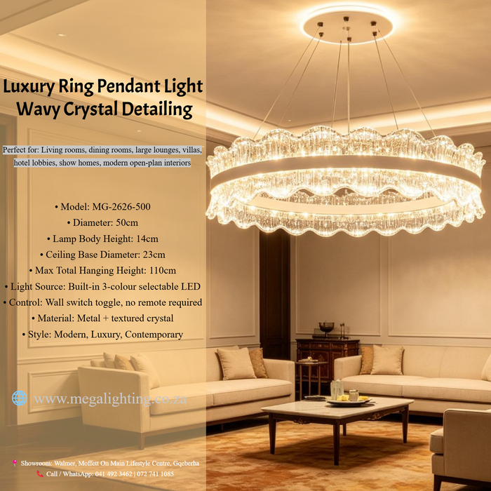 MG‑2626‑500 luxury 50cm ring LED pendant light wavy scalloped crystal detailing adjustable height MEGA LIGHTING South